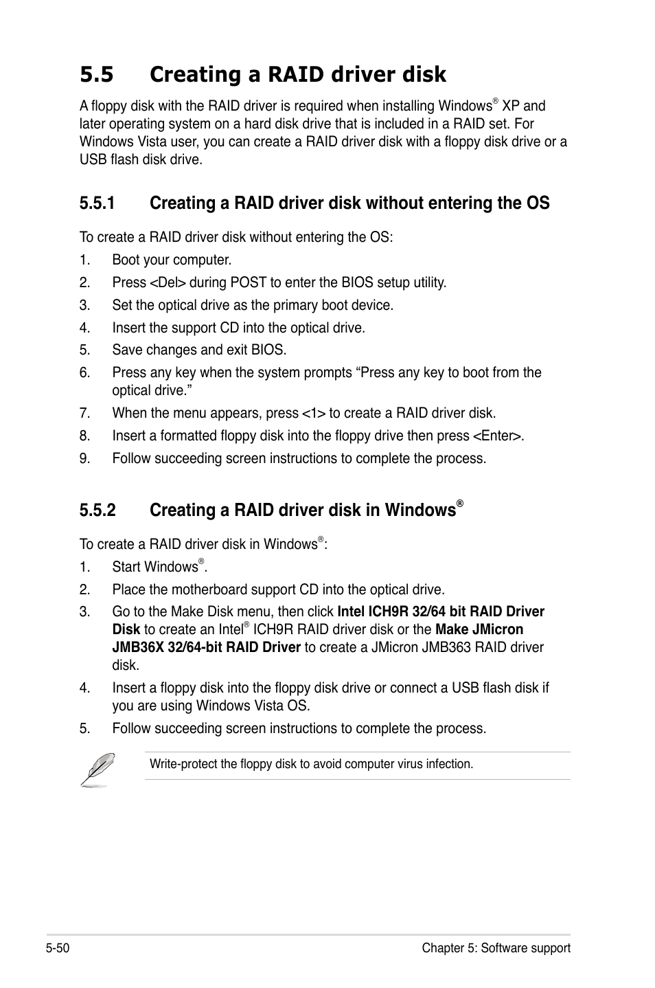 5 creating a raid driver disk, 2 creating a raid driver disk in windows | Asus P5K-E/WiFi-AP User Manual | Page 158 / 180