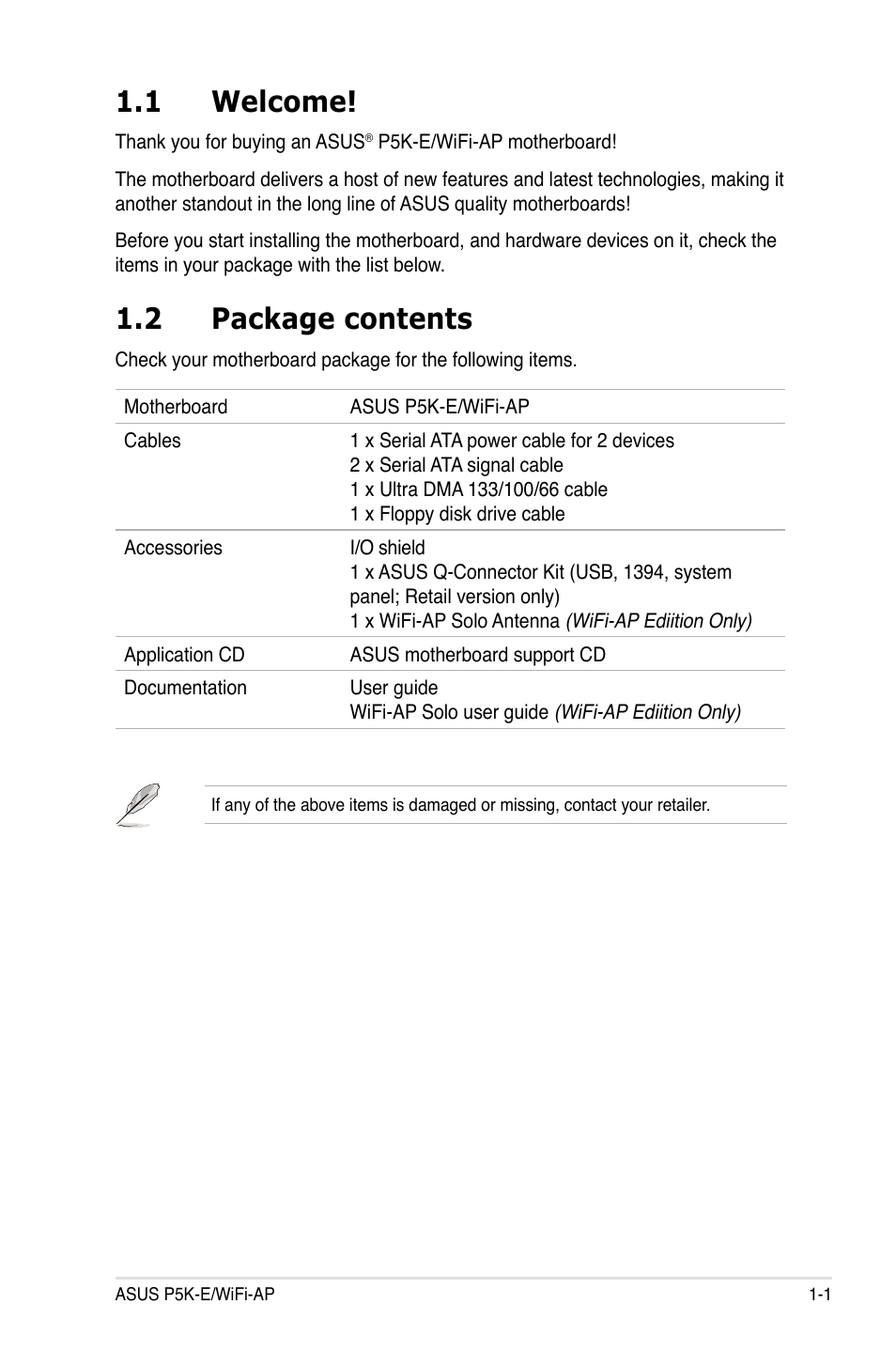 1 welcome, 2 package contents | Asus P5K-E/WiFi-AP User Manual | Page 17 / 180