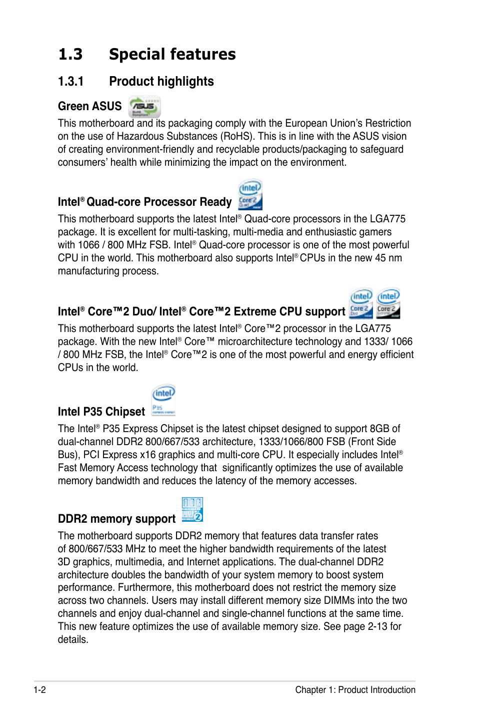 3 special features, 1 product highlights, Green asus | Intel, Quad-core processor ready, Core™2 duo/ intel, Core™2 extreme cpu support, Intel p35 chipset | Asus P5K-E/WiFi-AP User Manual | Page 18 / 180