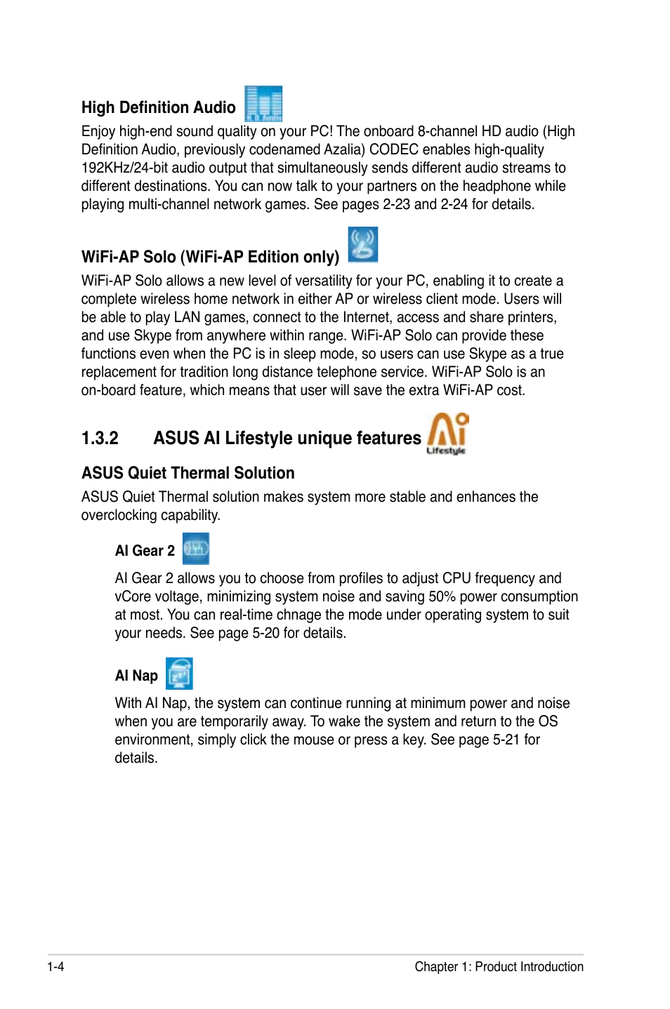2 asus ai lifestyle unique features | Asus P5K-E/WiFi-AP User Manual | Page 20 / 180