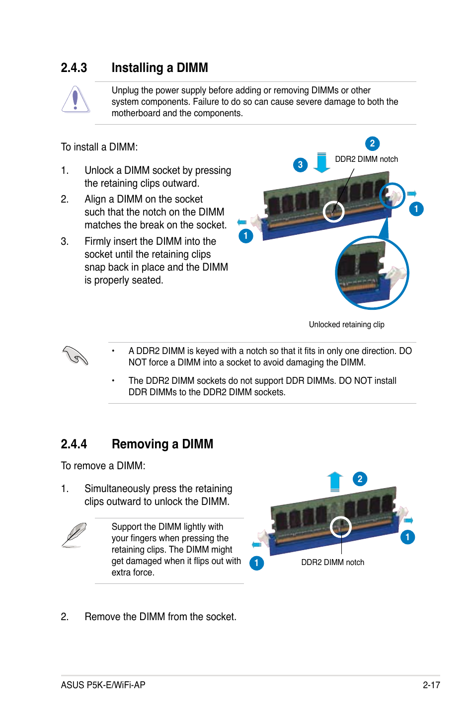 3 installing a dimm, 4 removing a dimm | Asus P5K-E/WiFi-AP User Manual | Page 43 / 180
