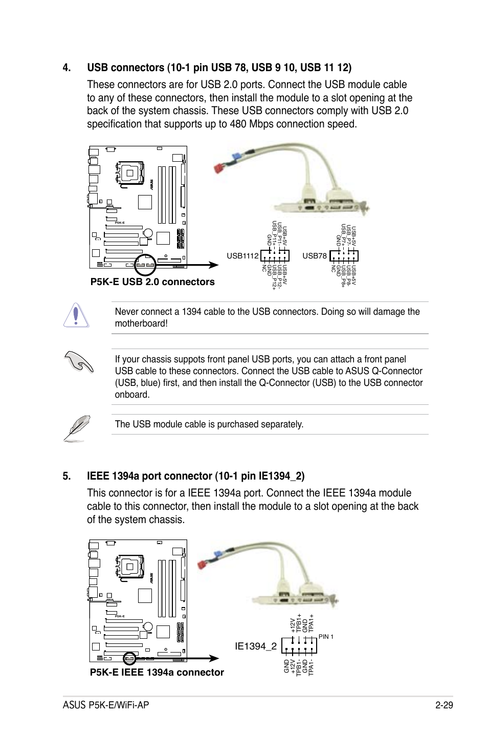 Asus p5k-e/wifi-ap 2-29, P5k-e usb 2.0 connectors | Asus P5K-E/WiFi-AP User Manual | Page 55 / 180