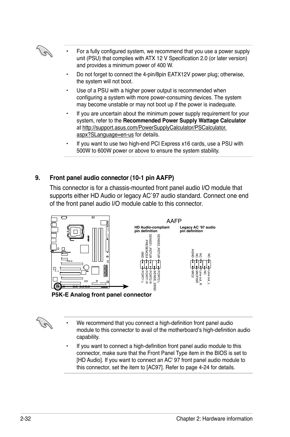 P5k-e analog front panel connector aafp | Asus P5K-E/WiFi-AP User Manual | Page 58 / 180
