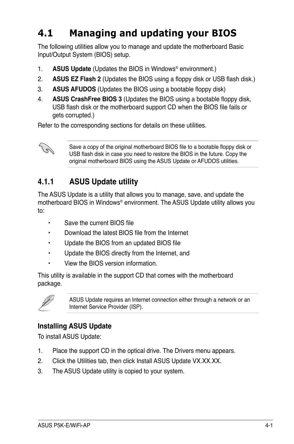 1 managing and updating your bios, 1 asus update utility | Asus P5K-E/WiFi-AP User Manual | Page 69 / 180