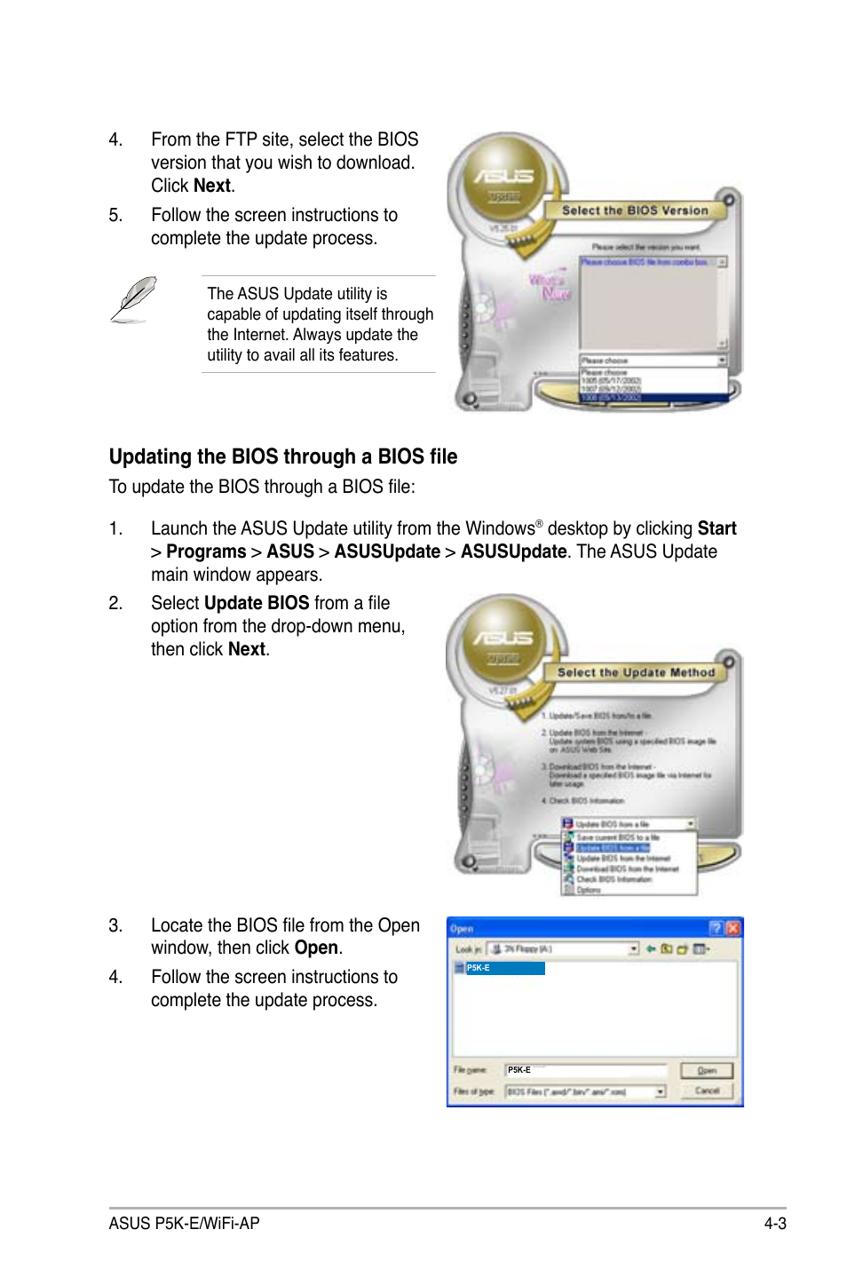 Updating the bios through a bios file | Asus P5K-E/WiFi-AP User Manual | Page 71 / 180