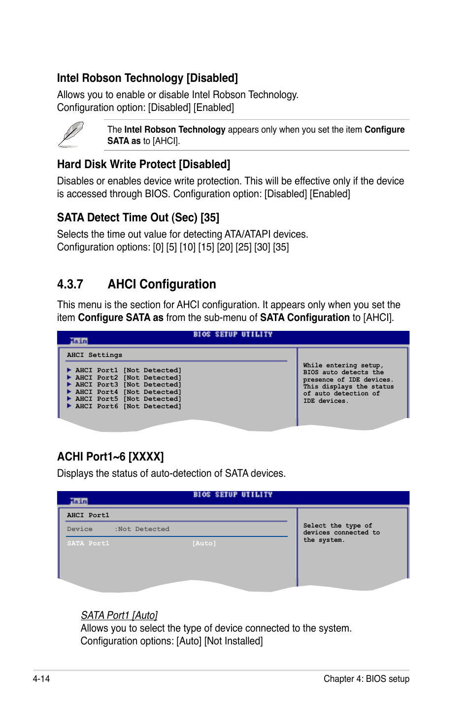 7 ahci configuration, Intel robson technology [disabled, Hard disk write protect [disabled | Sata detect time out (sec) [35 | Asus P5K-E/WiFi-AP User Manual | Page 82 / 180