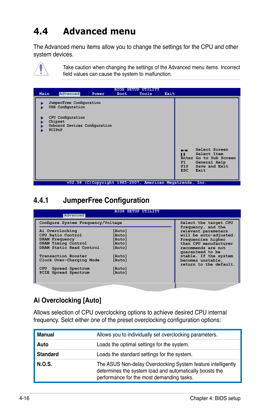 4 advanced menu, 1 jumperfree configuration, Ai overclocking [auto | Asus P5K-E/WiFi-AP User Manual | Page 84 / 180