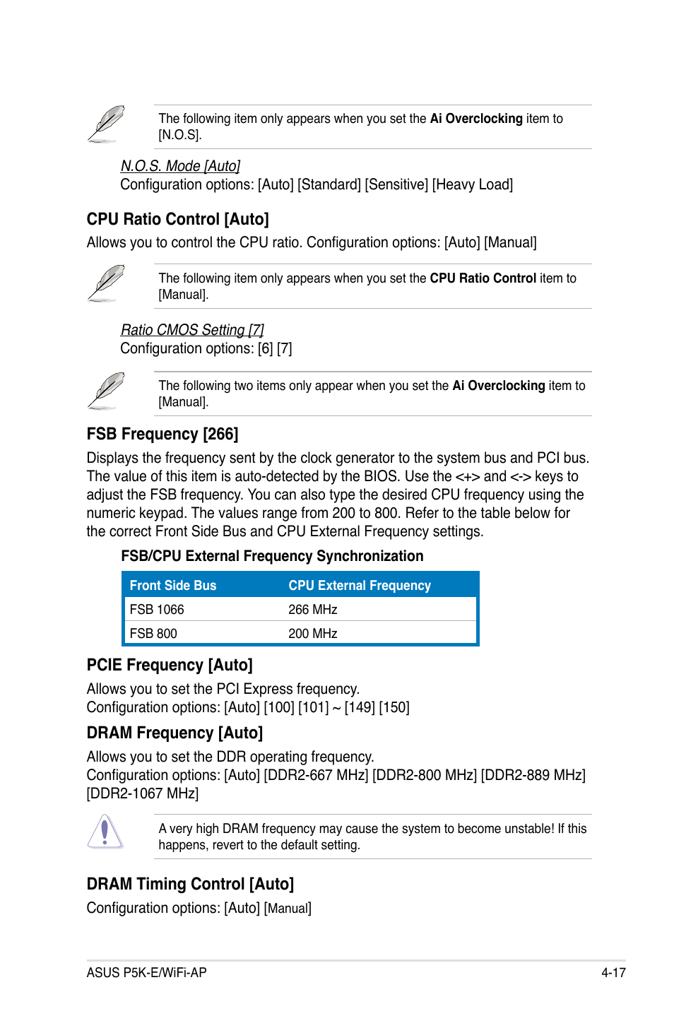 Fsb frequency [266, Dram frequency [auto, Cpu ratio control [auto | Pcie frequency [auto, Dram timing control [auto | Asus P5K-E/WiFi-AP User Manual | Page 85 / 180