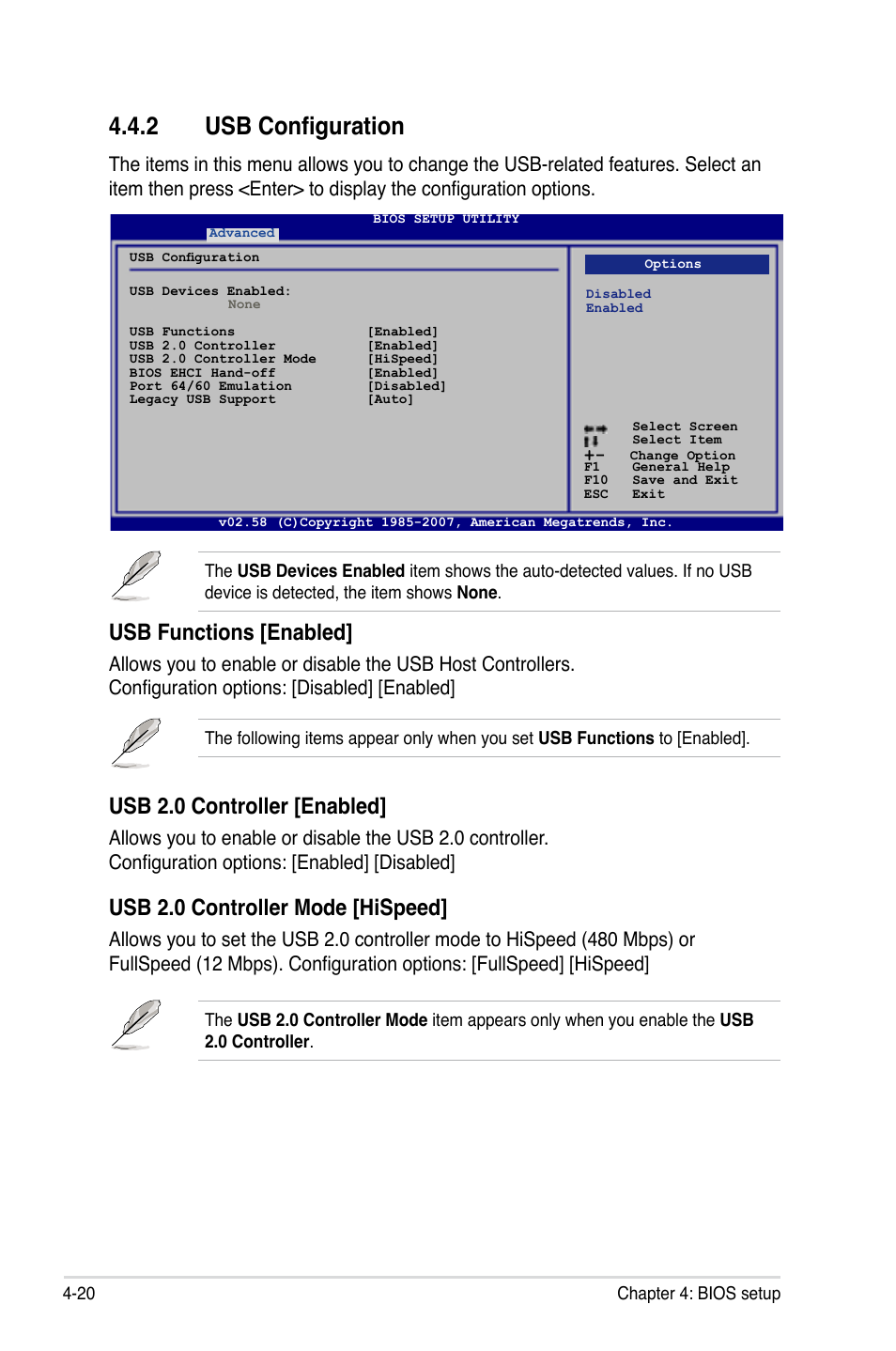 2 usb configuration, Usb 2.0 controller [enabled, Usb 2.0 controller mode [hispeed | Usb functions [enabled | Asus P5K-E/WiFi-AP User Manual | Page 88 / 180