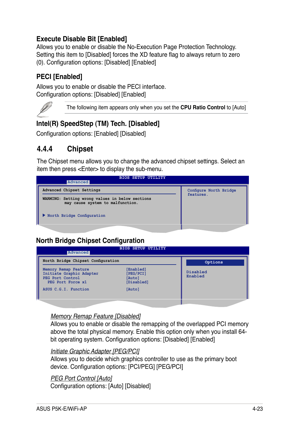 4 chipset, North bridge chipset configuration, Execute disable bit [enabled | Peci [enabled, Intel(r) speedstep (tm) tech. [disabled, Configuration options: [enabled] [disabled | Asus P5K-E/WiFi-AP User Manual | Page 91 / 180