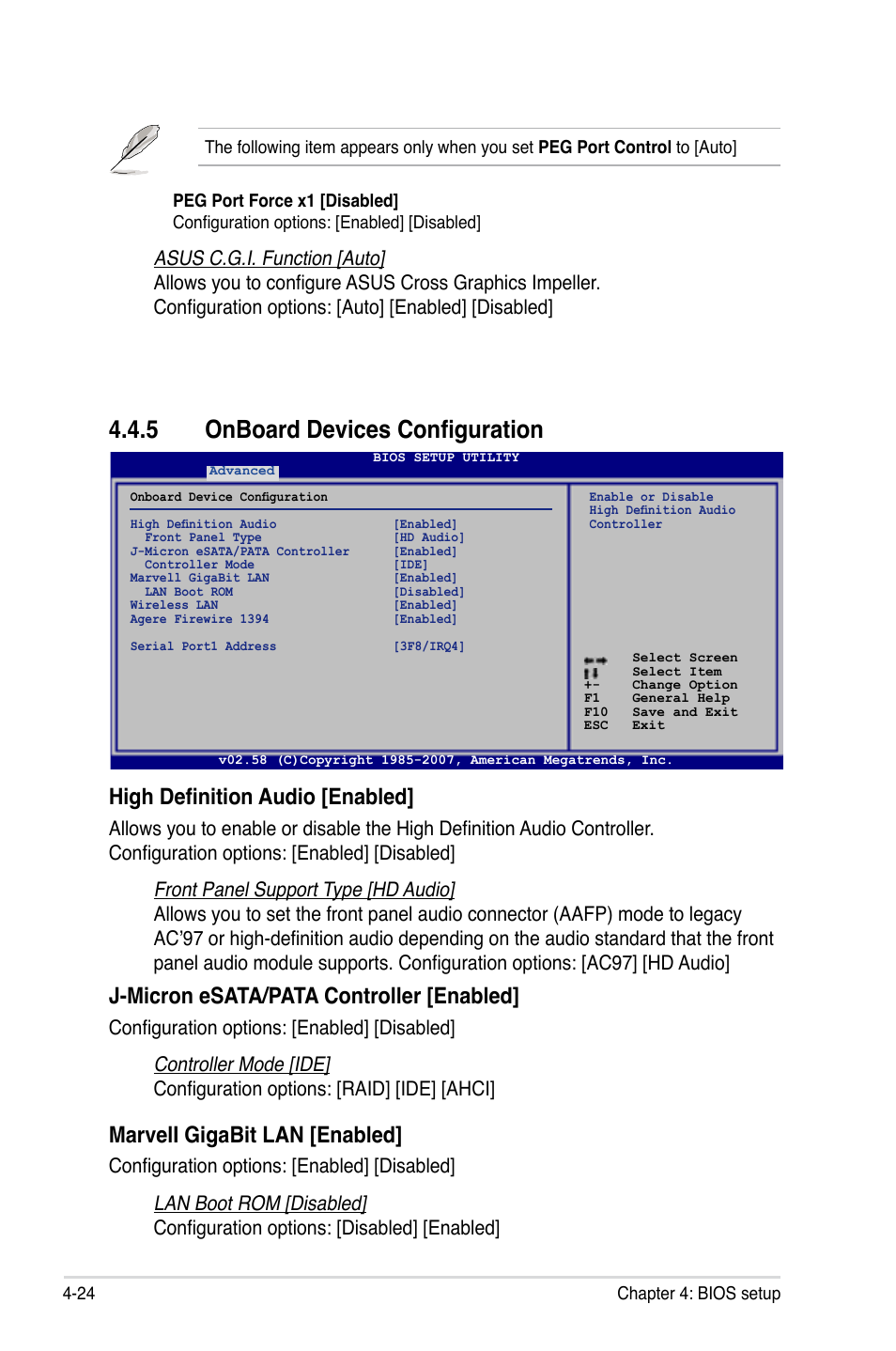 5 onboard devices configuration, High definition audio [enabled, J-micron esata/pata controller [enabled | Marveli gigabit lan [enabled | Asus P5K-E/WiFi-AP User Manual | Page 92 / 180