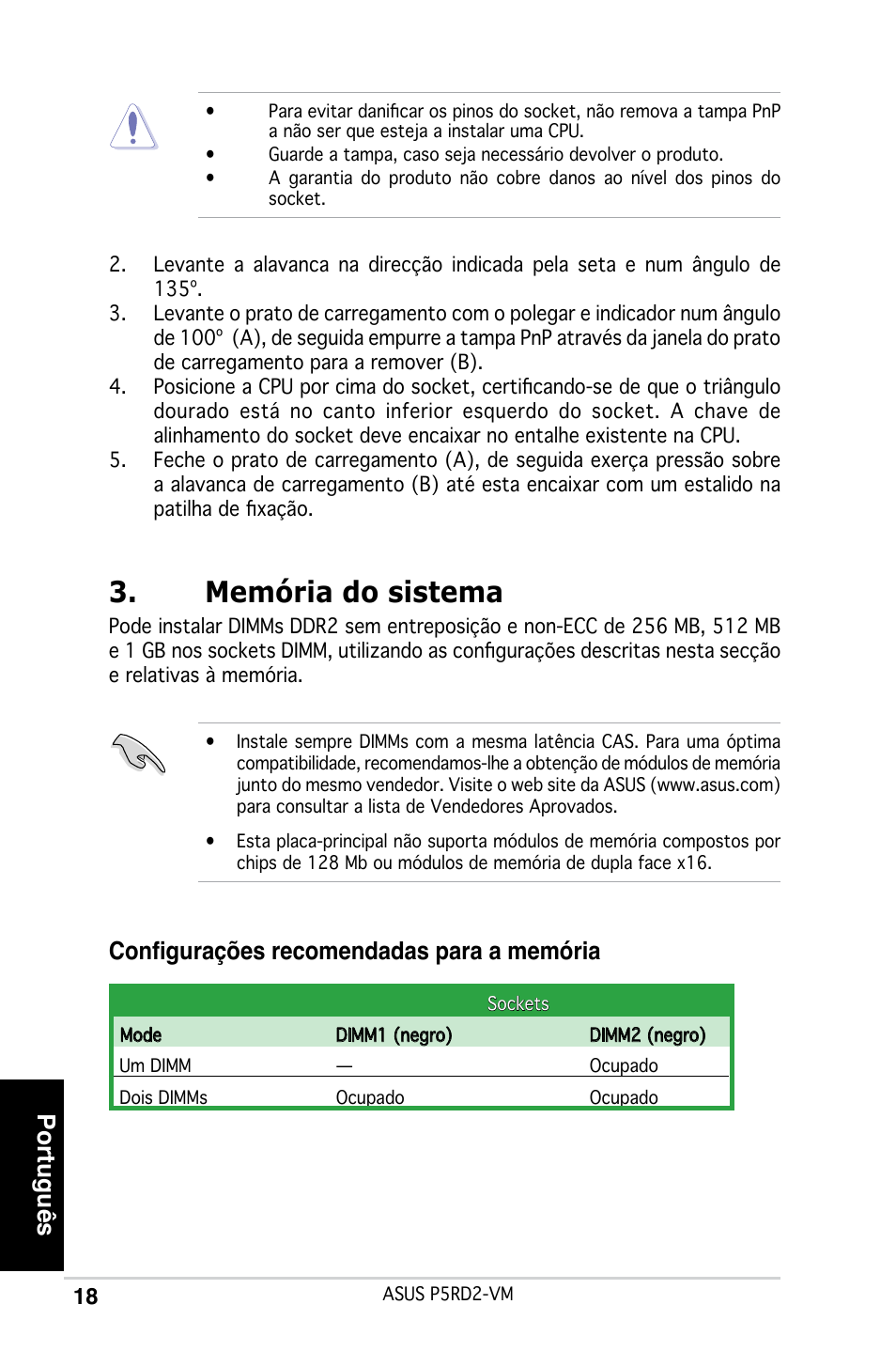 Memória do sistema, Português, Configurações recomendadas para a memória | Asus P5RD2-VM User Manual | Page 18 / 37