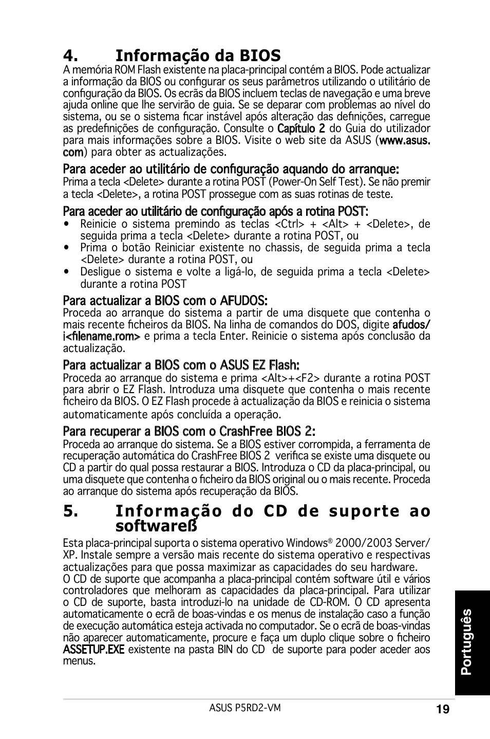 Informação da bios, Informação do cd de suporte ao softwareß, Português | Asus P5RD2-VM User Manual | Page 19 / 37