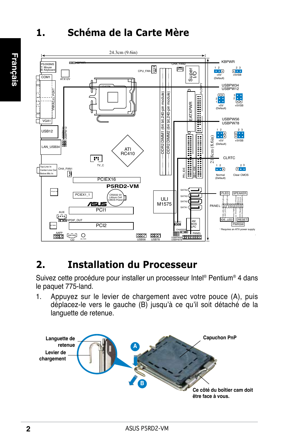 Installation du processeur, Schéma de la carte mère, Français | Pentium, Asus p5rd2-vm, Sup er i/o, Pci1, Uli m1575, P5rd2-vm, Pci2 | Asus P5RD2-VM User Manual | Page 2 / 37