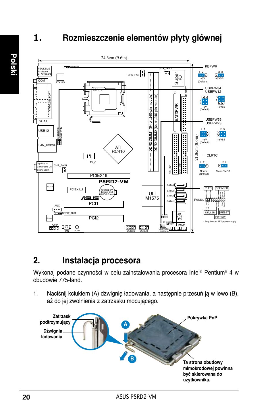 Instalacja procesora, Rozmieszczenie elementów płyty głównej, Polski | Pentium, Asus p5rd2-vm, Sup er i/o, Pci1, Uli m1575, P5rd2-vm, Pci2 | Asus P5RD2-VM User Manual | Page 20 / 37