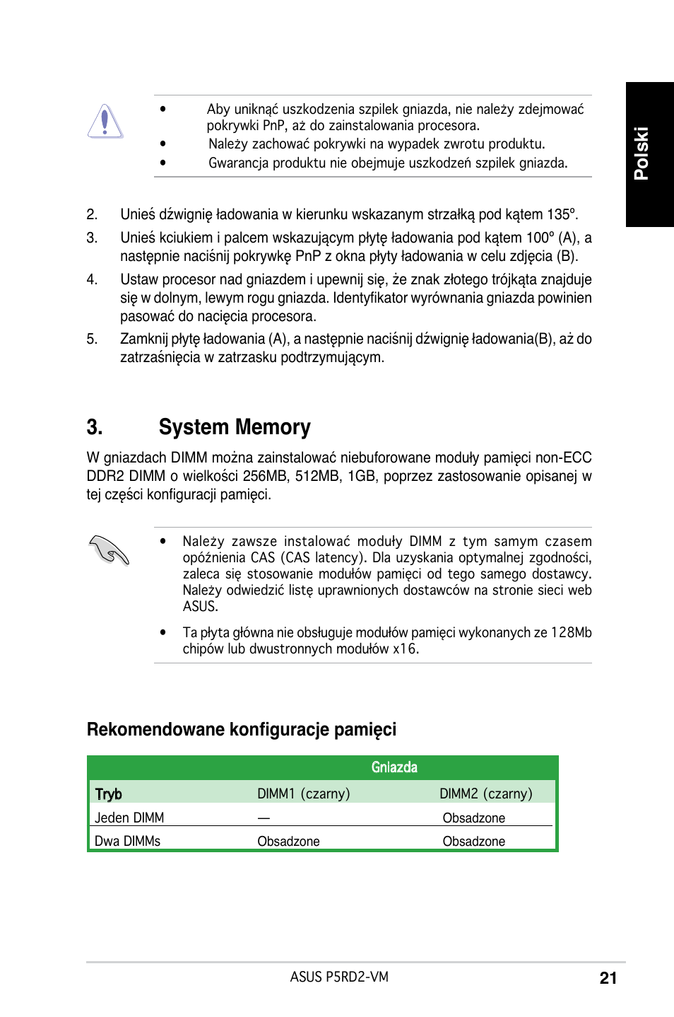 Polski, Rekomendowane konfiguracje pamięci | Asus P5RD2-VM User Manual | Page 21 / 37