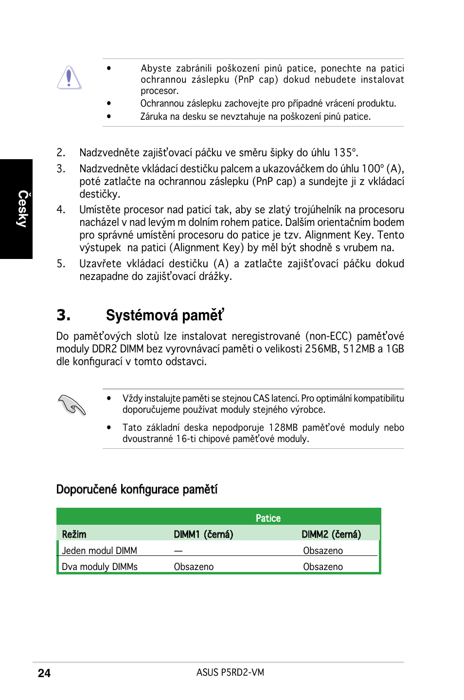 Systémová paměť, Česky, Doporučené konfigurace pamětí | Asus P5RD2-VM User Manual | Page 24 / 37