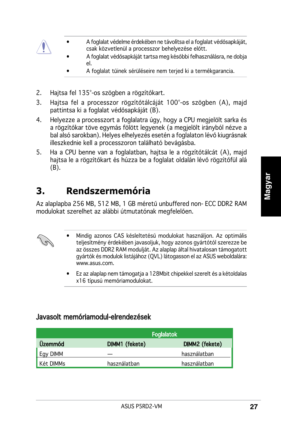 Rendszermemória, Magyar, Javasolt memóriamodul-elrendezések | Asus P5RD2-VM User Manual | Page 27 / 37