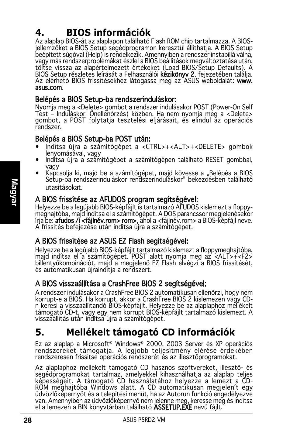 Bios információk, Mellékelt támogató cd információk, Magyar | Asus P5RD2-VM User Manual | Page 28 / 37