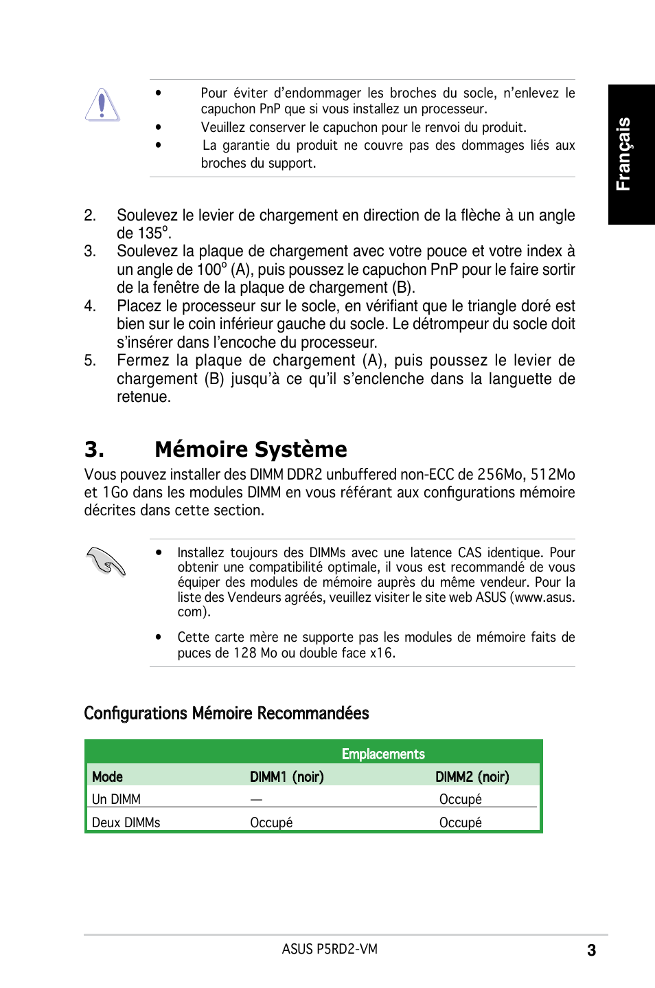 Mémoire système, Français | Asus P5RD2-VM User Manual | Page 3 / 37