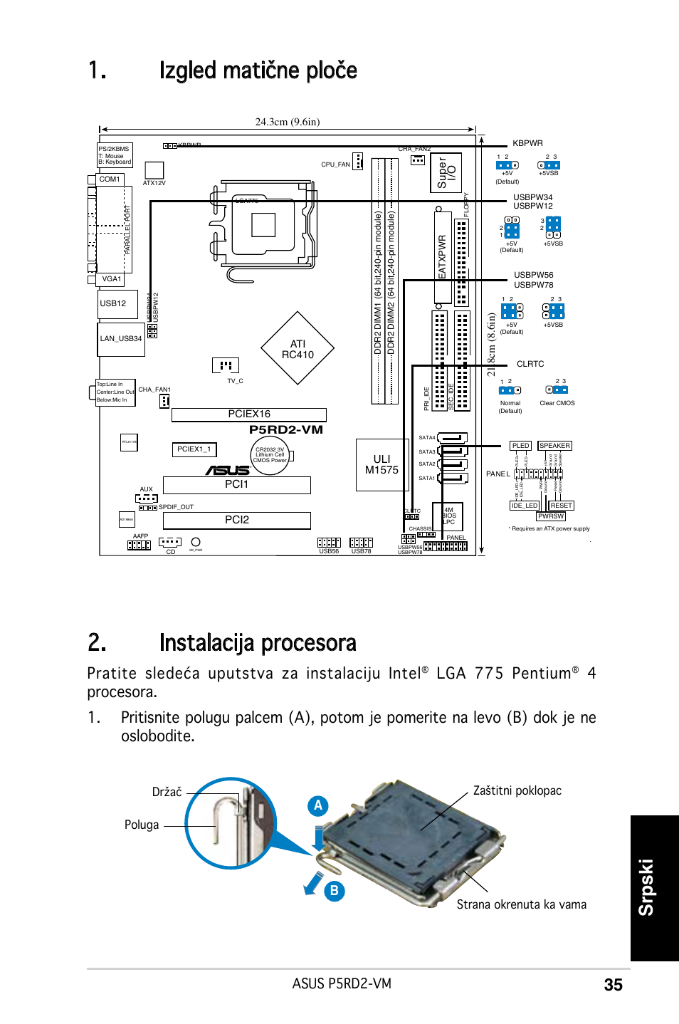 Instalacija procesora, Izgled matične ploče, Srpski | Pratite sledeća uputstva za instalaciju intel, Lga 775 pentium, Asus p5rd2-vm, Sup er i/o, Pci1, Uli m1575, P5rd2-vm | Asus P5RD2-VM User Manual | Page 35 / 37