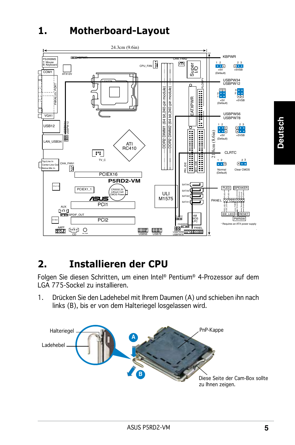 Installieren der cpu, Motherboard-layout, Deutsch | Folgen sie diesen schritten, um einen intel, Pentium, Asus p5rd2-vm, Sup er i/o, Pci1, Uli m1575, Prd2-vm | Asus P5RD2-VM User Manual | Page 5 / 37