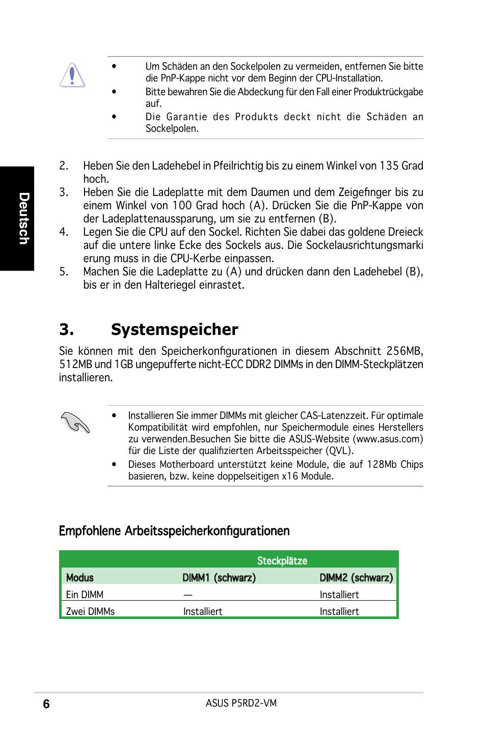 Systemspeicher, Deutsch, Empfohlene arbeitsspeicherkonfigurationen | Asus P5RD2-VM User Manual | Page 6 / 37