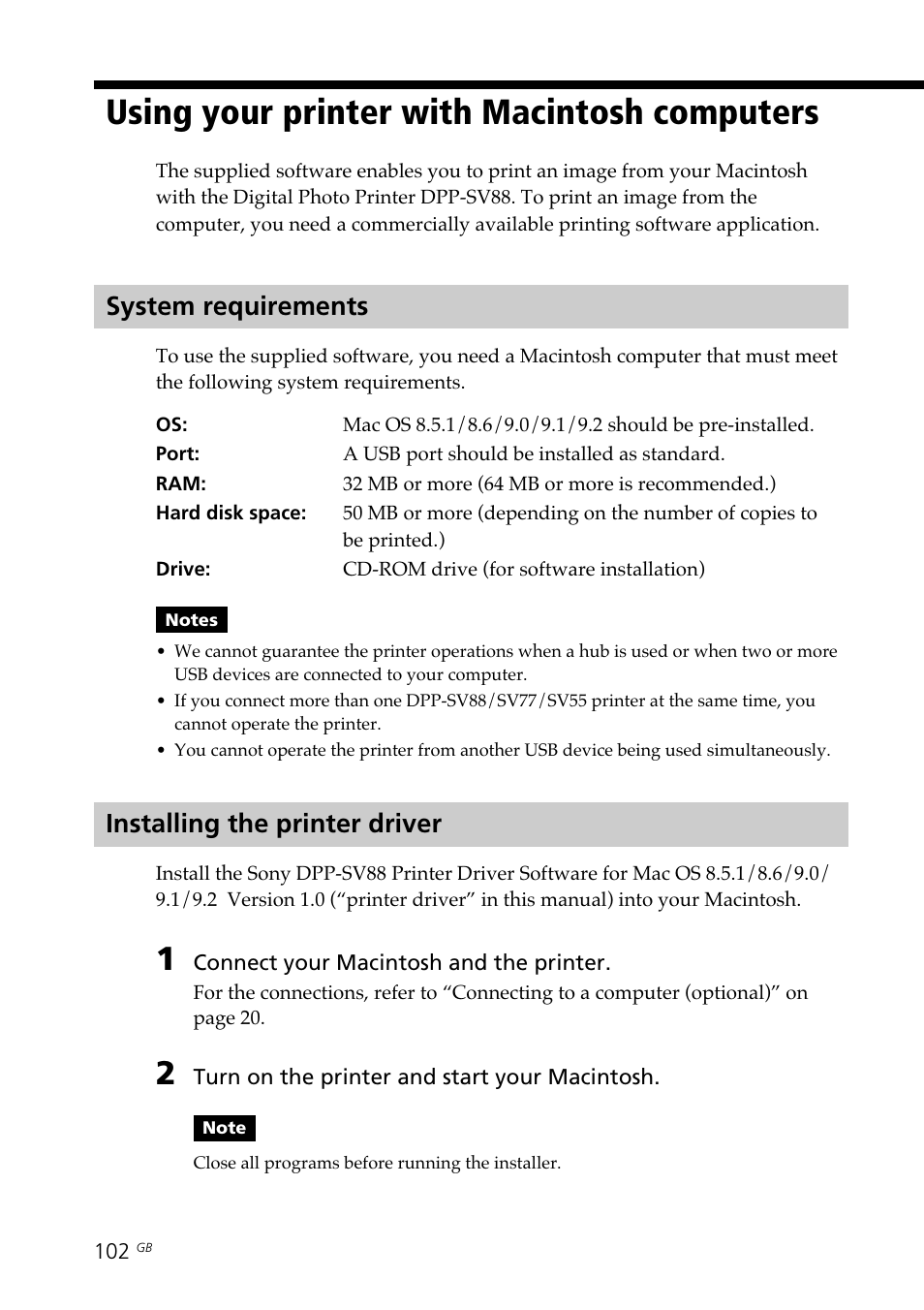 Using your printer with macintosh computers, System requirements, Installing the printer driver | Macintosh, Using your printer with macintosh, Computers, System requirements installing the printer driver | Sony DPP-SV88 User Manual | Page 102 / 344