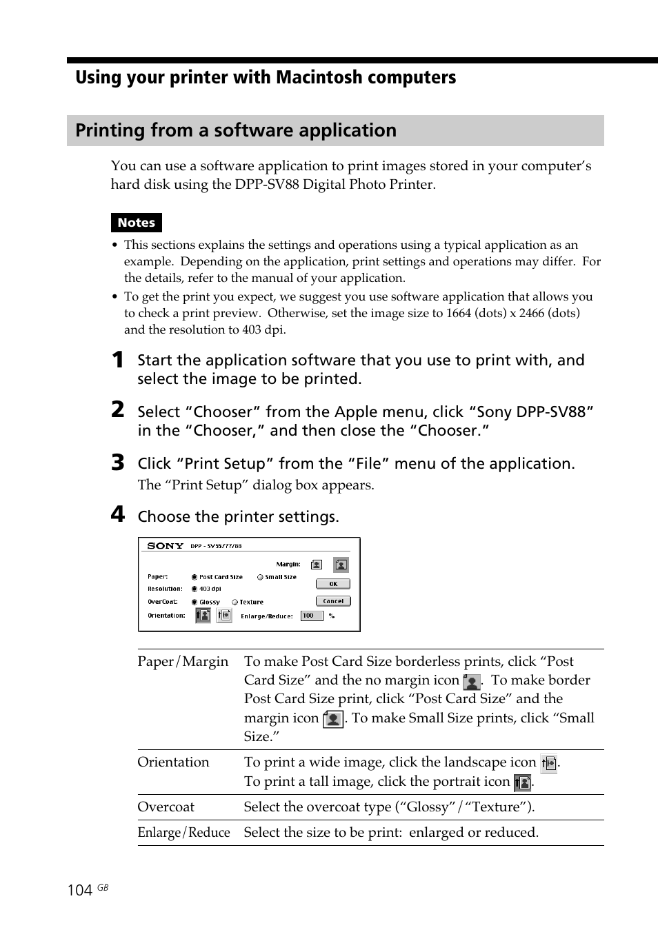 Printing from a software application, From a macintosh computer | Sony DPP-SV88 User Manual | Page 104 / 344