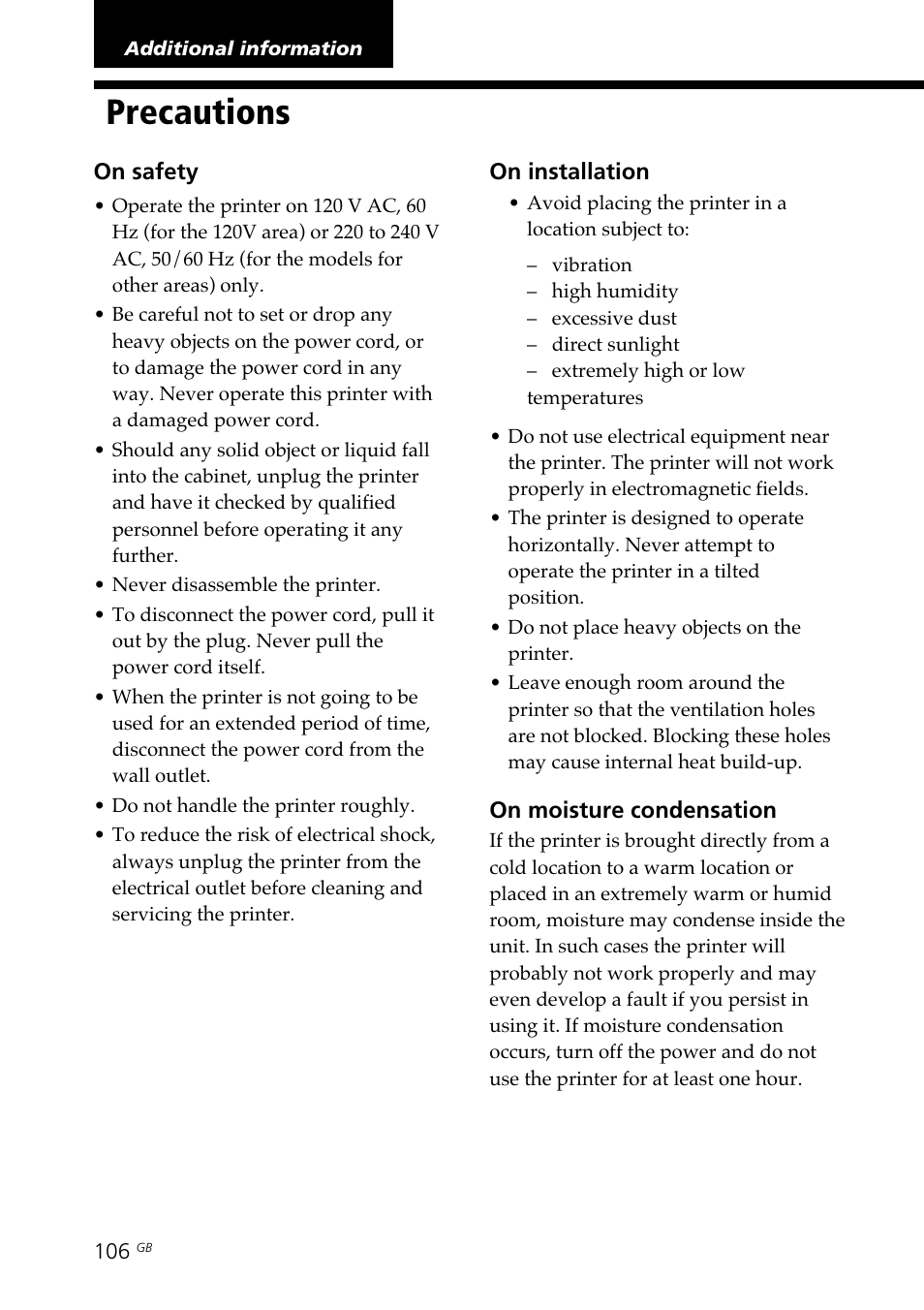 Additional information, Precautions | Sony DPP-SV88 User Manual | Page 106 / 344