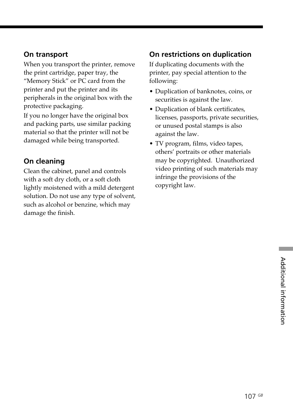 Cleaning, Restrictions on duplication, Transport | Sony DPP-SV88 User Manual | Page 107 / 344