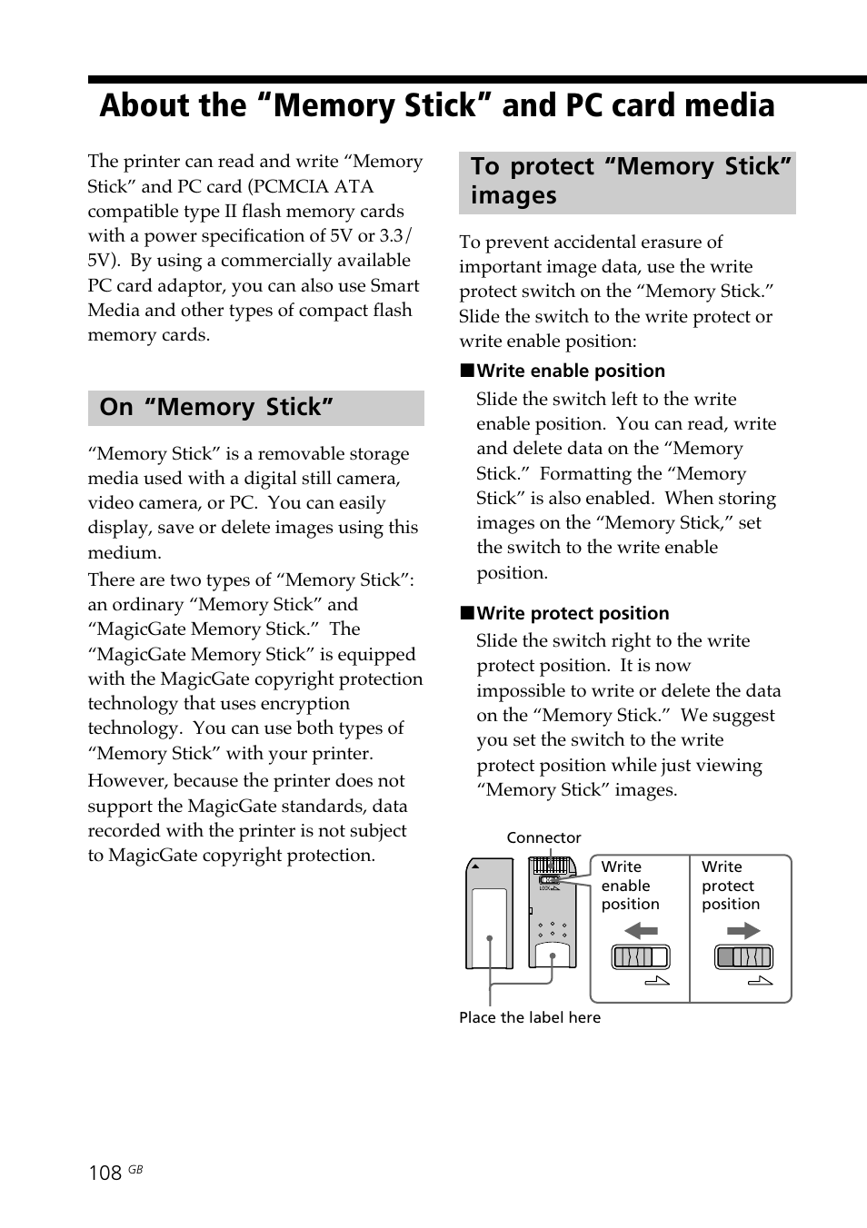 About the “memory stick” and pc card media, On “memory stick, To protect “memory stick” images | Protecting the data, Types, About the “memory stick” and pc card, Media, On “memory stick” to protect “memory stick” images | Sony DPP-SV88 User Manual | Page 108 / 344