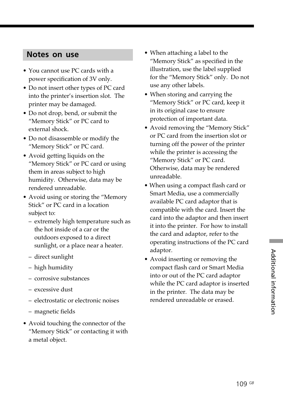 Notes on use, Note on use | Sony DPP-SV88 User Manual | Page 109 / 344