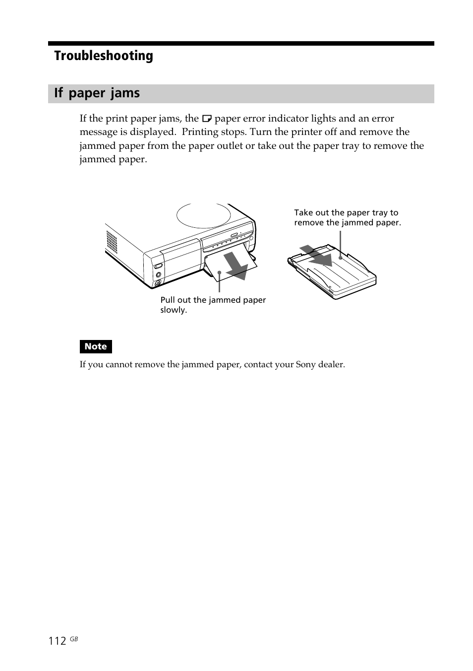 If paper jams, Paper jams, Troubleshooting if paper jams | Sony DPP-SV88 User Manual | Page 112 / 344