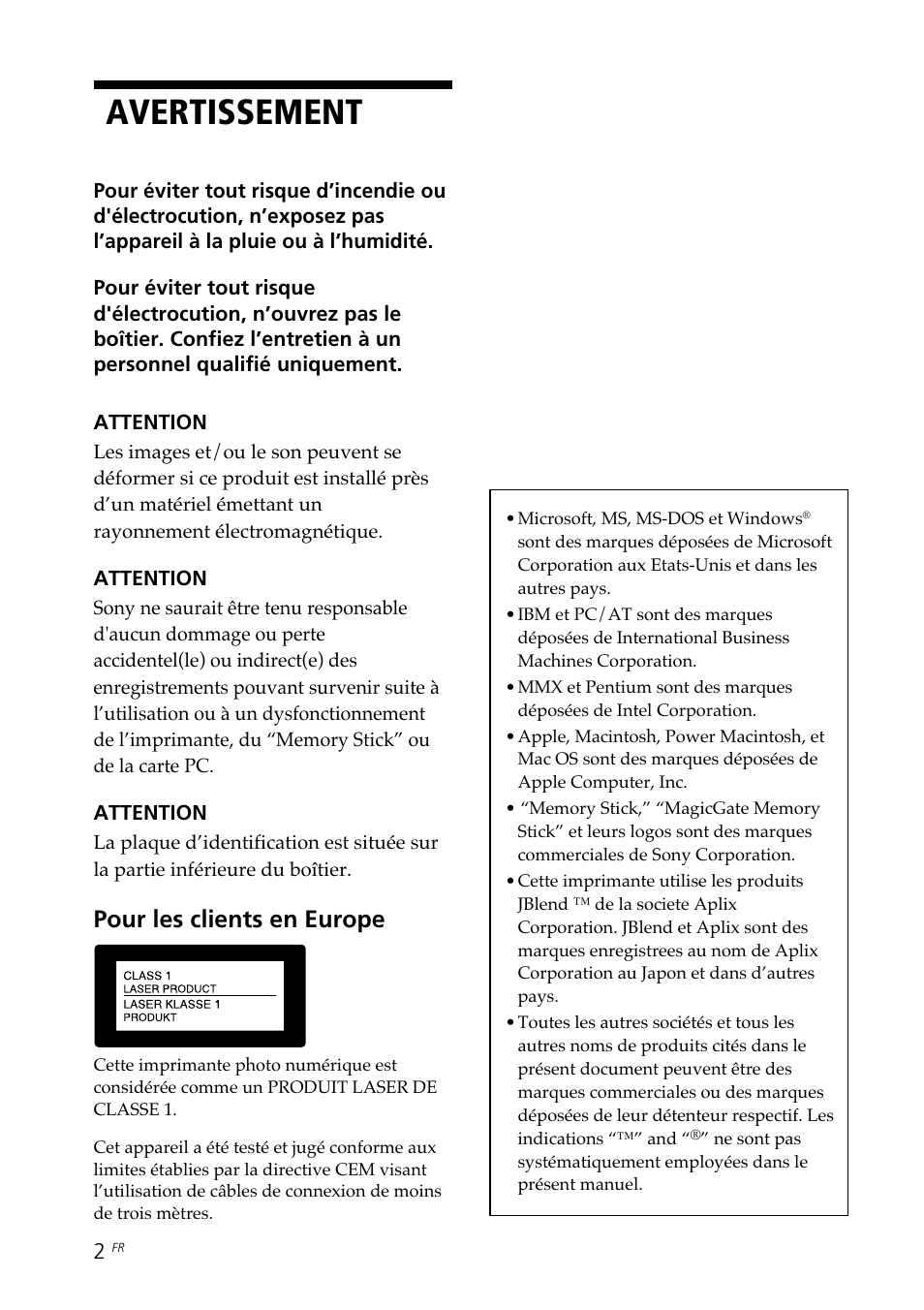 Avertissement, Pour les clients en europe | Sony DPP-SV88 User Manual | Page 116 / 344