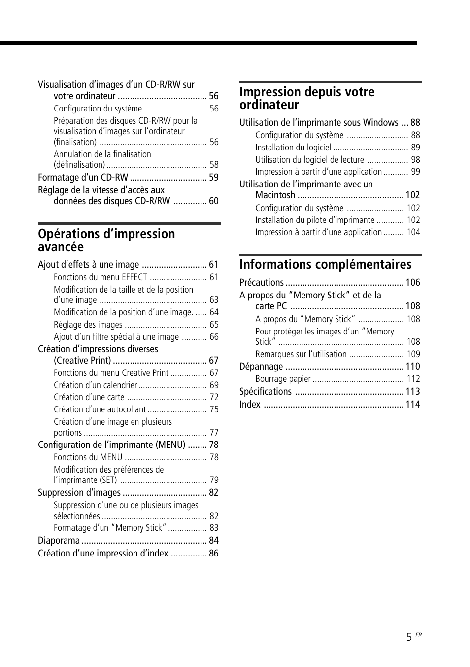 Opérations d’impression avancée, Impression depuis votre ordinateur, Informations complémentaires | Sony DPP-SV88 User Manual | Page 119 / 344