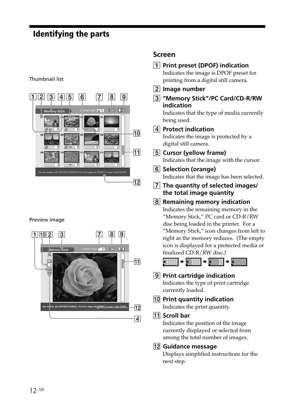 Preview image, Screen, Thumbnail list | Identifying the parts | Sony DPP-SV88 User Manual | Page 12 / 344