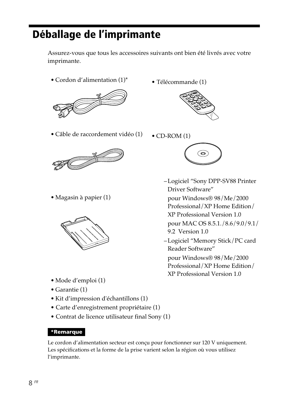 Déballage de l’imprimante | Sony DPP-SV88 User Manual | Page 122 / 344