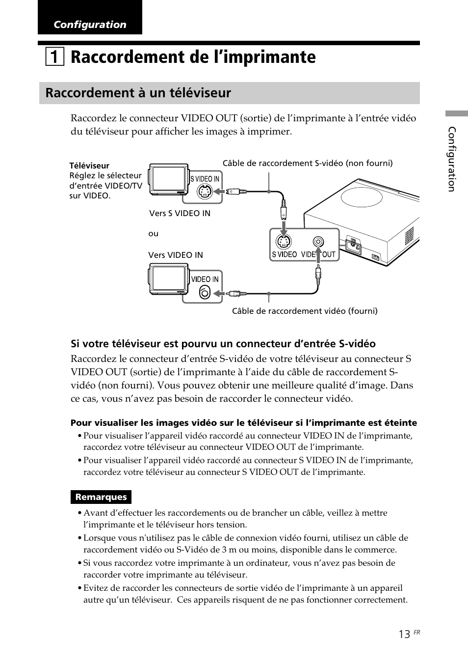 Configuration, 1 raccordement de l’imprimante, Raccordement à un téléviseur | Raccordement de l’imprimante, 1raccordement de l’imprimante | Sony DPP-SV88 User Manual | Page 127 / 344