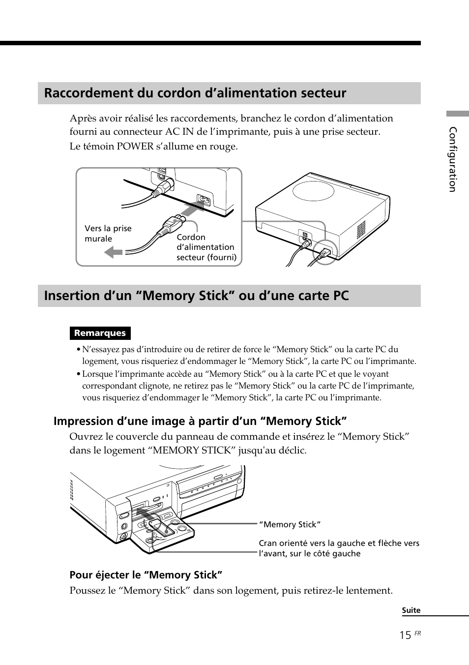 Raccordement du cordon d’alimentation secteur, Insertion d’un “memory stick” ou d’une carte pc | Sony DPP-SV88 User Manual | Page 129 / 344