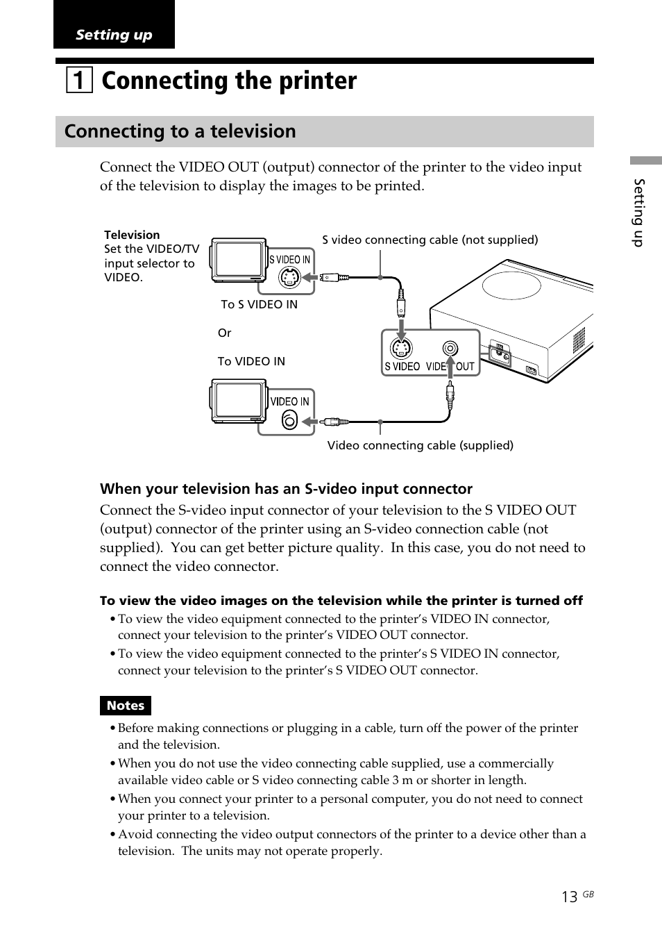 Setting up, 1 connecting the printer, Connecting to a television | S video out connector, Video out connector, Connecting the printer, 1connecting the printer | Sony DPP-SV88 User Manual | Page 13 / 344