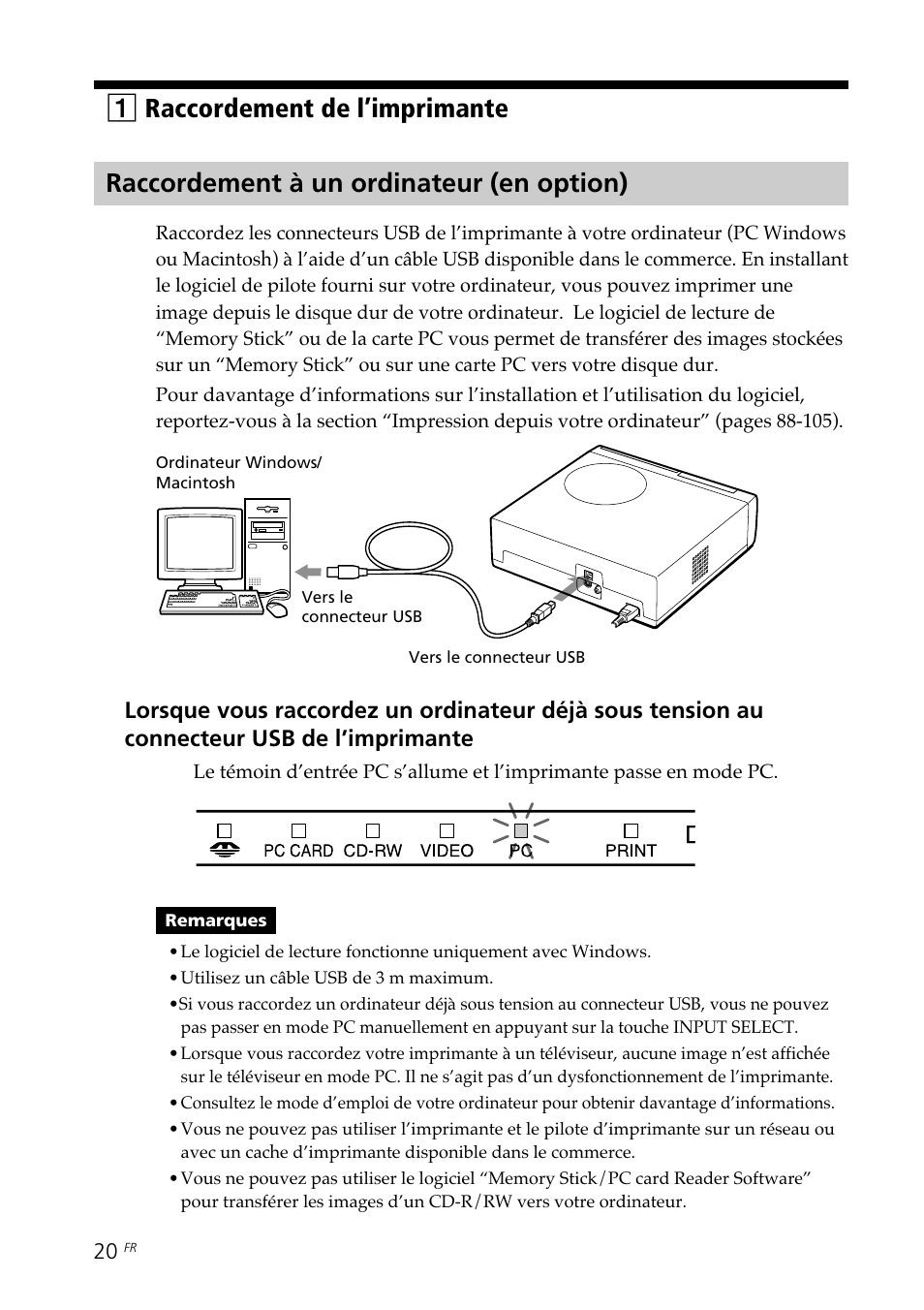 Raccordement à un ordinateur (en option), 1raccordement de l’imprimante | Sony DPP-SV88 User Manual | Page 134 / 344