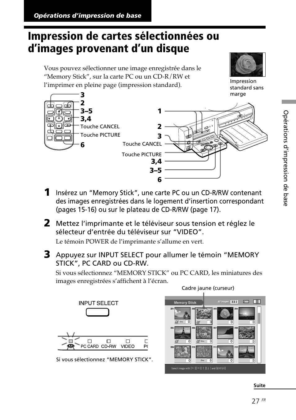 Opérations d’impression de base, Impression de cartes sélectionnées ou, D’images provenant d’un disque | Sony DPP-SV88 User Manual | Page 141 / 344