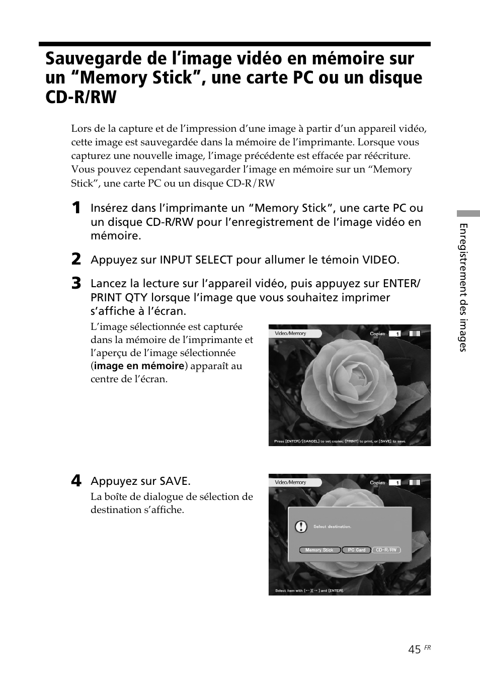 Sauvegarde de l’image vidéo en mémoire | Sony DPP-SV88 User Manual | Page 159 / 344