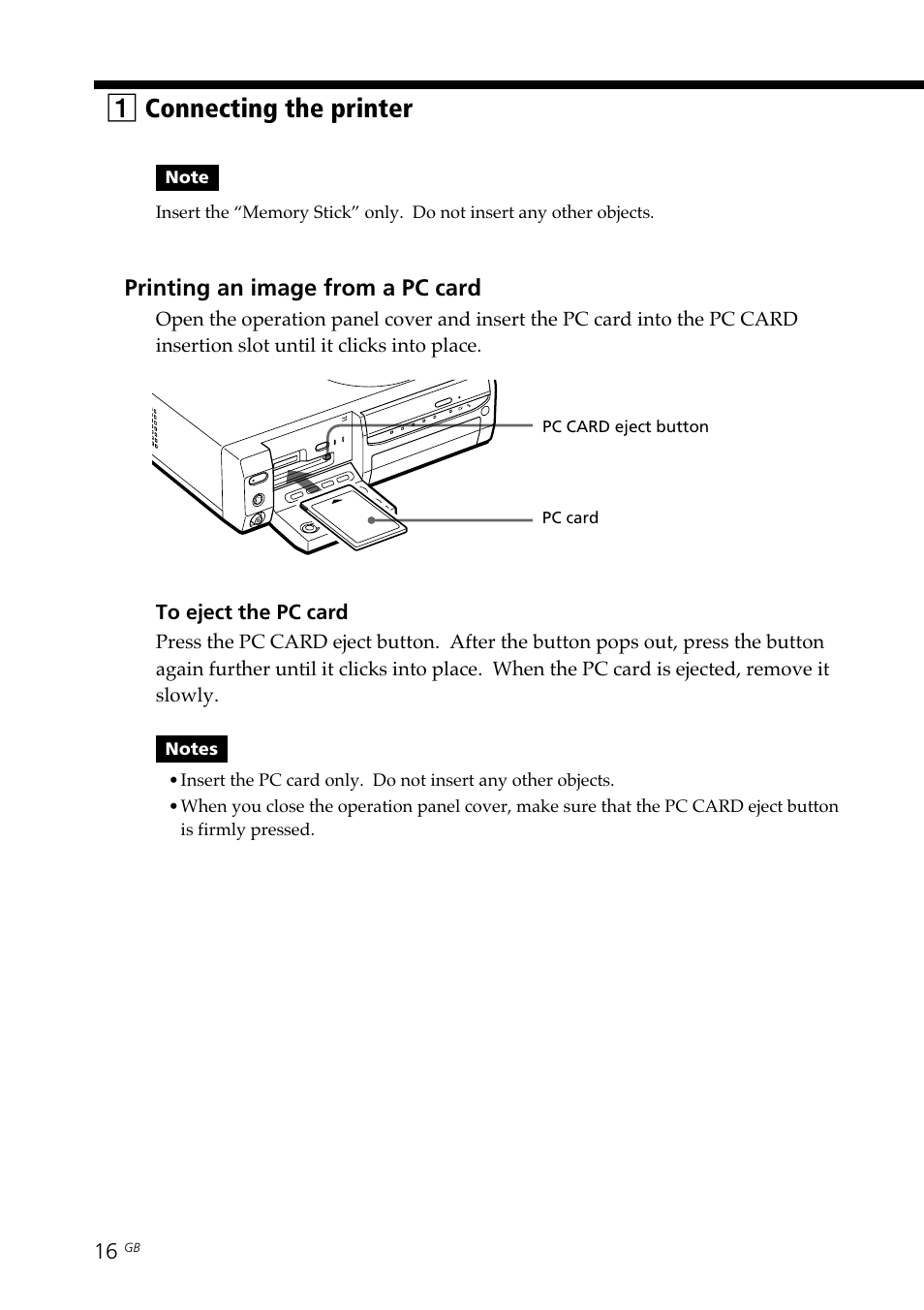 Pc card, Inserting/removing, Inserting a cd-r/rw disc | 1connecting the printer | Sony DPP-SV88 User Manual | Page 16 / 344