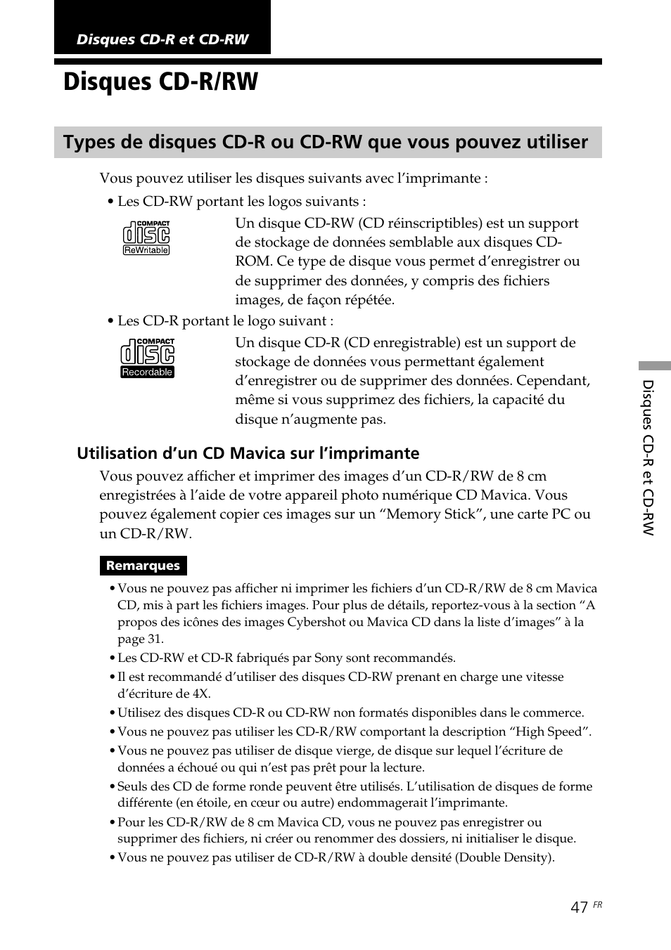 Disques cd-r et cd-rw, Disques cd-r/rw | Sony DPP-SV88 User Manual | Page 161 / 344