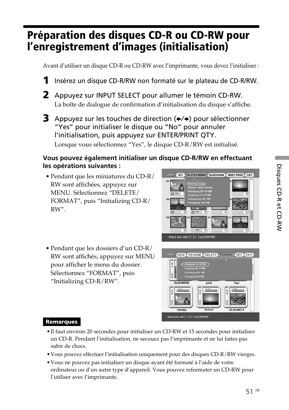 Préparation des disques cd-r ou cd-rw, Pour l’enregistrement d’images (initialisation) | Sony DPP-SV88 User Manual | Page 165 / 344