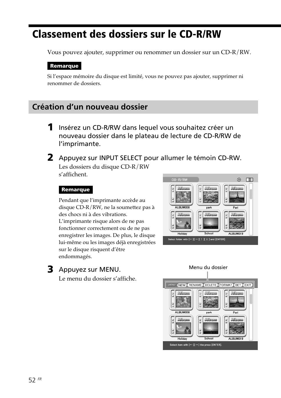 Classement des dossiers sur le cd-r/rw, Création d’un nouveau dossier | Sony DPP-SV88 User Manual | Page 166 / 344