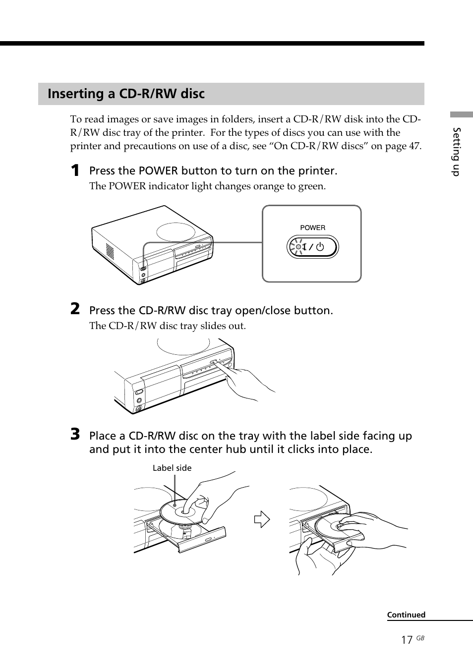 Inserting a cd-r/rw disc, Inserting/removing a disc, Cd-r/rw disc | Sony DPP-SV88 User Manual | Page 17 / 344