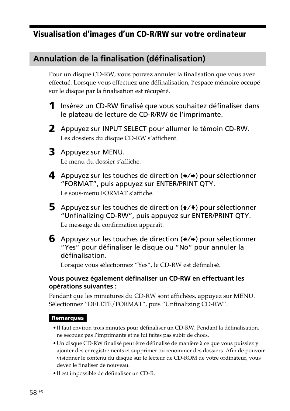 Annulation de la finalisation (définalisation), Formatage d’un cd-rw | Sony DPP-SV88 User Manual | Page 172 / 344